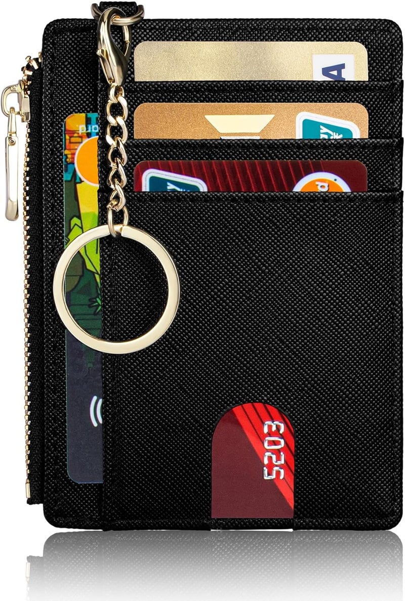 Suweibuke Slim Pocket Wallet, RFID Blocking Credit Card Holder Wallet with D-Shackle ID Window and Detachable keychain for Women (A-Black) - Image 1
